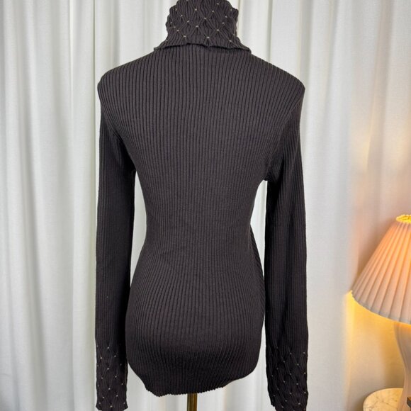 SPORTMAX by MaxMara 100% Wool Ribbed Turtleneck Lattice-Smocked Sweater sz XL - Picture 5 of 9